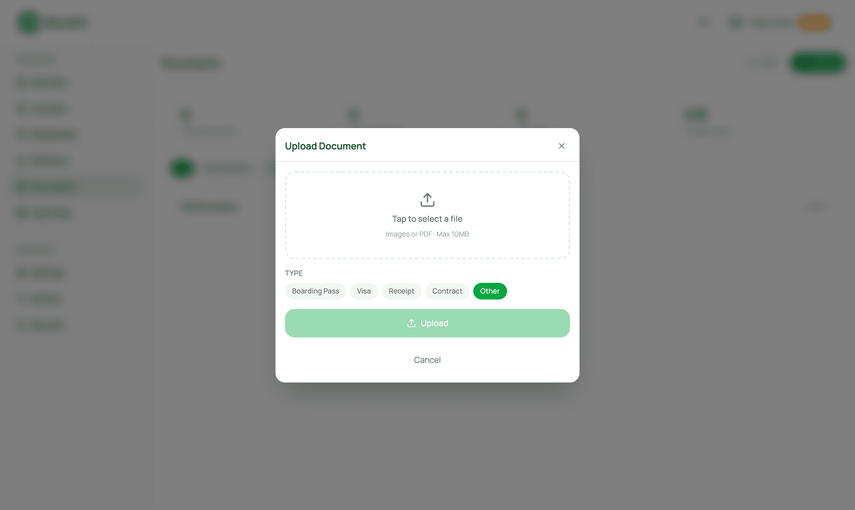 Document upload with boarding passes, visas and contracts