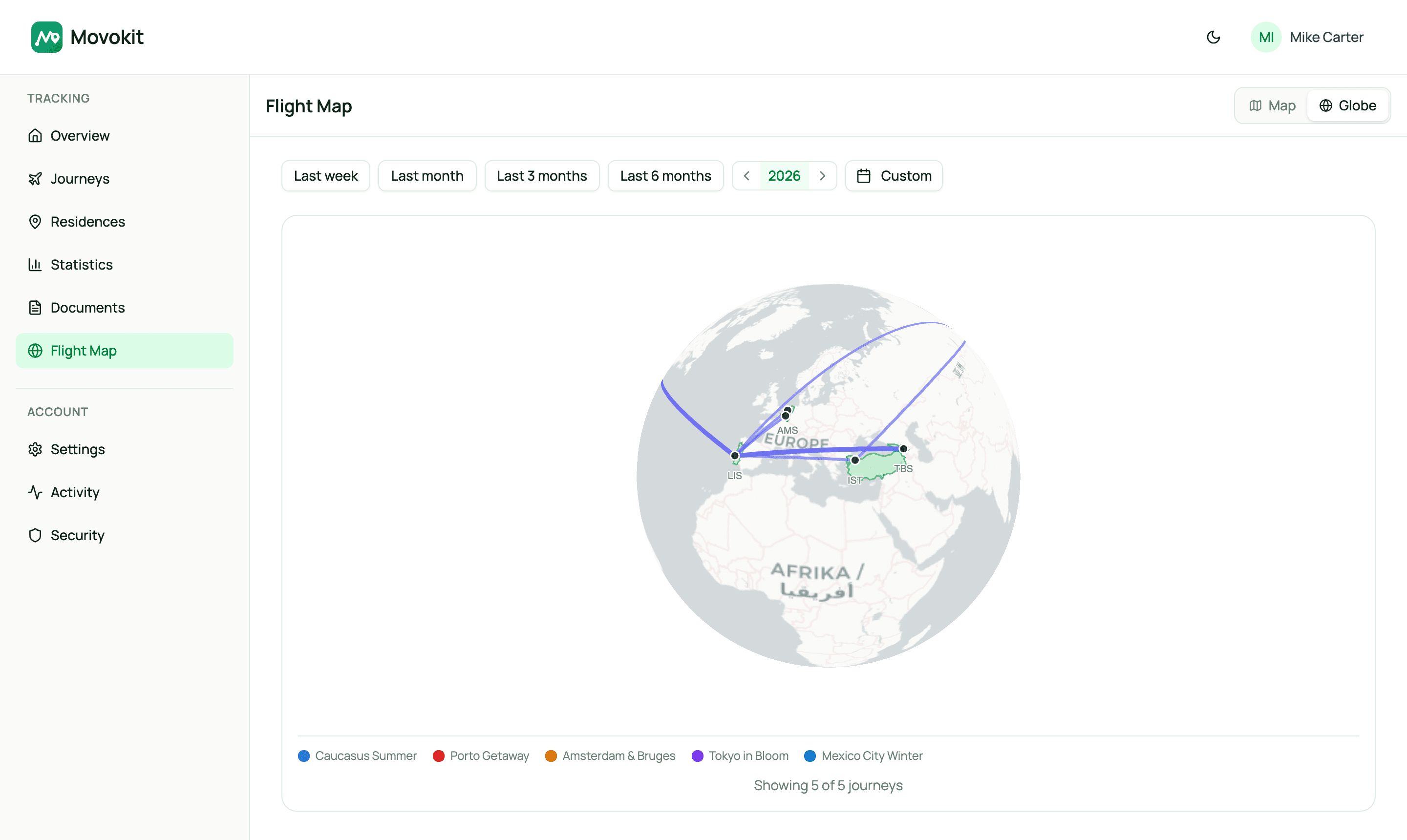 Movokit flight map with globe view of travel routes