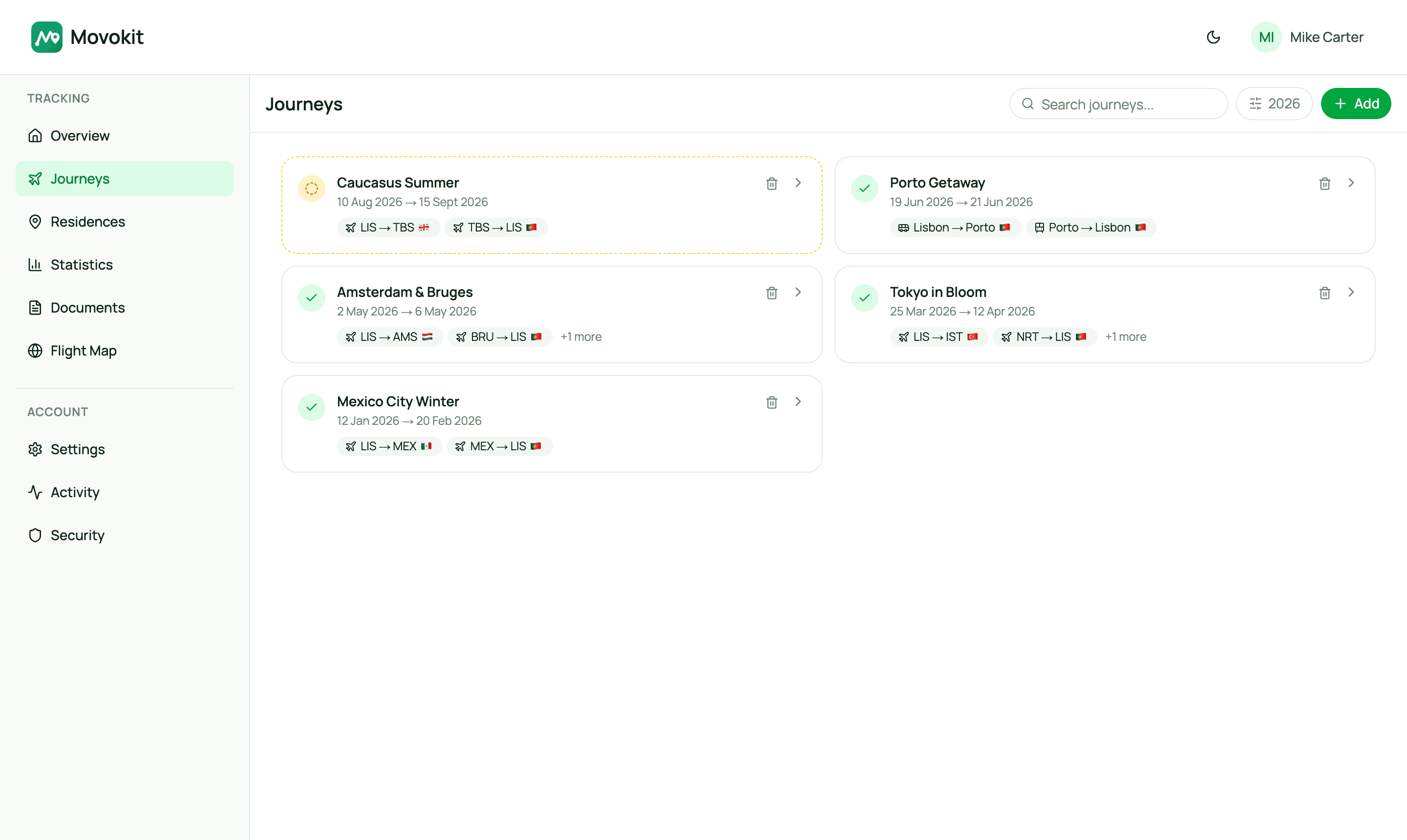 Journeys page with multi-leg trips