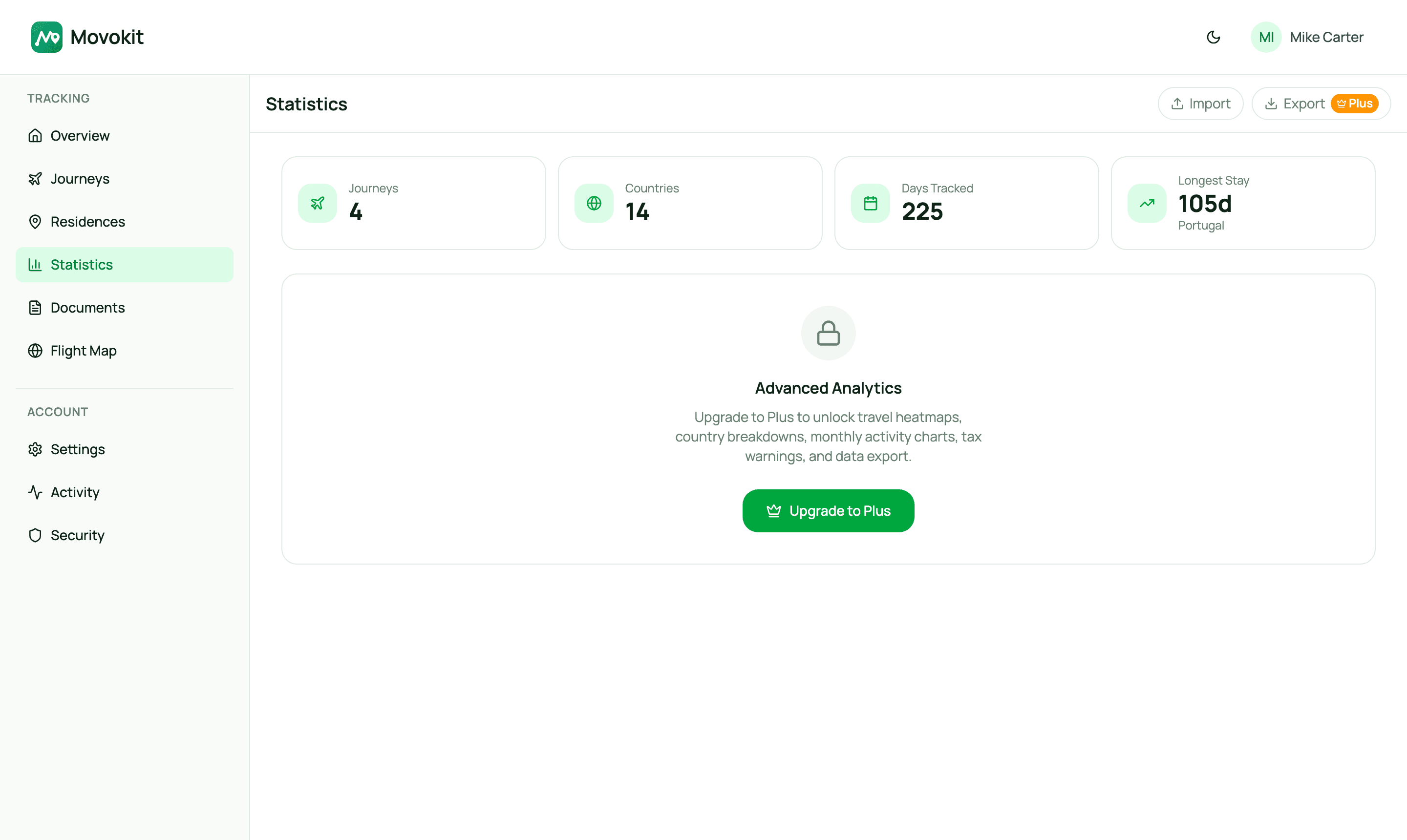 Statistics page with travel insights